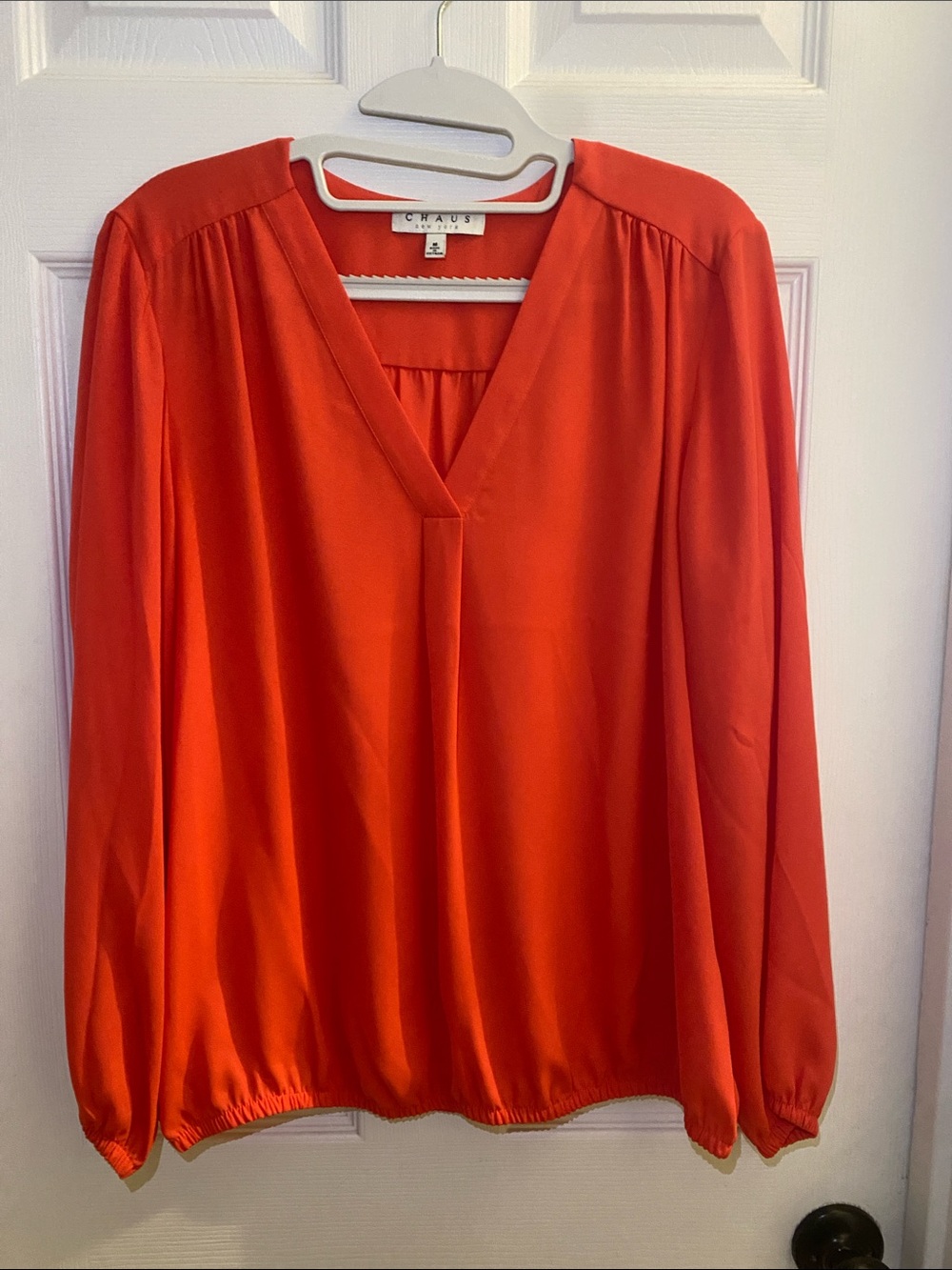 Chaus Red V-Neck Long Sleeve Blouse with Elastic Hem